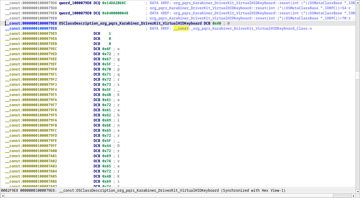Class record before IDA 9.5: the class name shown as individual bytes