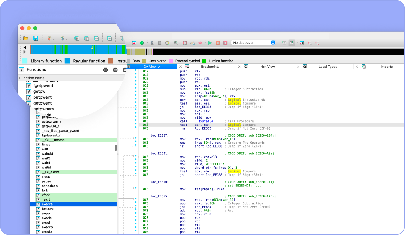 Screenshot of a code analysis interface showing a list of functions on the left and a detailed view of a selected function on the right. The accompanying text highlights the use of FLIRT (Fast Library Identification and Recognition Technology) to help reverse engineers identify libraries used in a binary, boosting the readability of generated disassemblies. Screenshot of a code analysis interface showing a list of functions on the left and a detailed view of a selected function on the right. The accompanying text highlights the use of FLIRT (Fast Library Identification and Recognition Technology) to help reverse engineers identify libraries used in a binary, boosting the readability of generated disassemblies.
