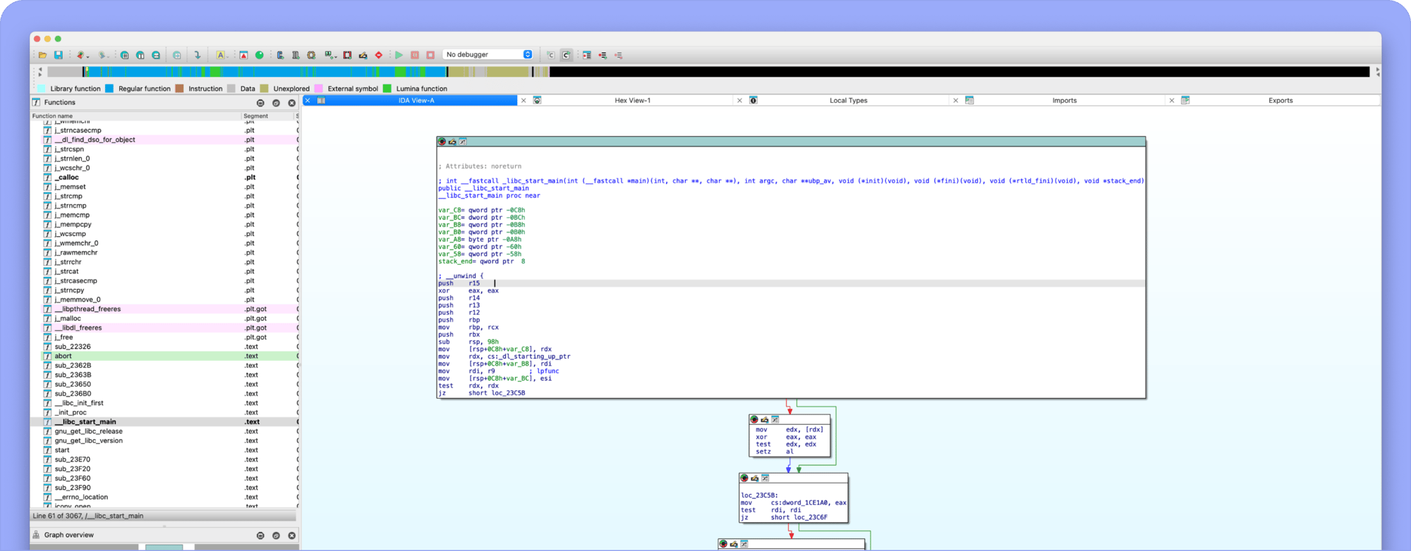 Screenshot of a code analysis interface showing a list of functions on the left and a detailed view of a selected function with assembly code and a control flow graph on the right.