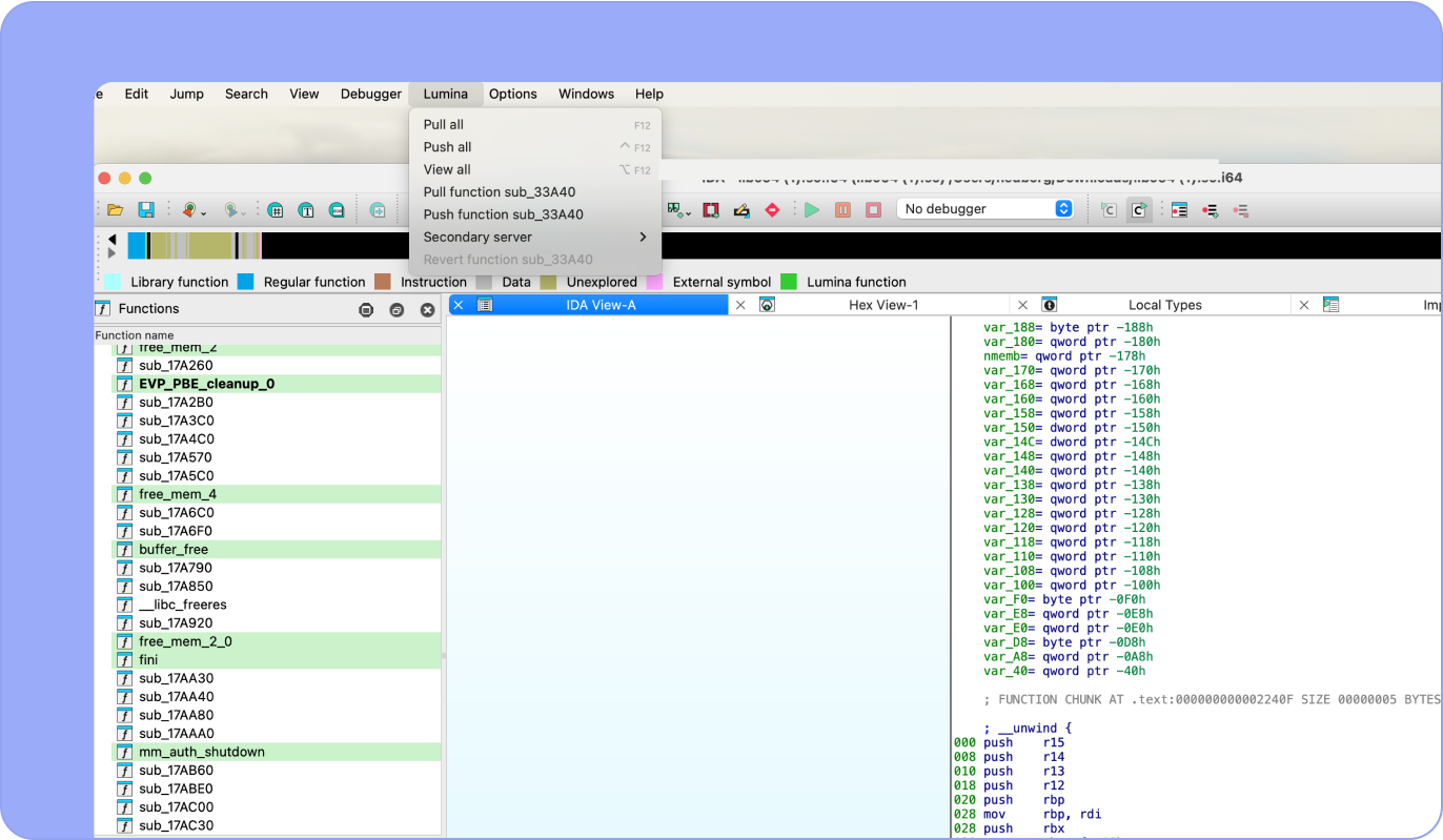 Screenshot of a code analysis interface showing a list of functions on the left and a detailed view of a selected function on the right. The accompanying text explains that the Public Lumina server, maintained by Hex-Rays, tracks metadata for well-known functions, allowing IDA to exchange only hash values and metadata. It also mentions the option to use a Private Lumina add-on for self-hosted server control.