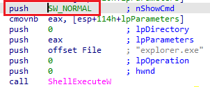 push    SW_NORMAL       ; nShowCmd         
cmovnb  eax, [esp+114h+lpParameters]       
push    0               ; lpDirectory      
push    eax             ; lpParameters     
push    offset File     ; "explorer.exe"   
push    0               ; lpOperation      
push    0               ; hwnd             
call    ShellExecuteW                      