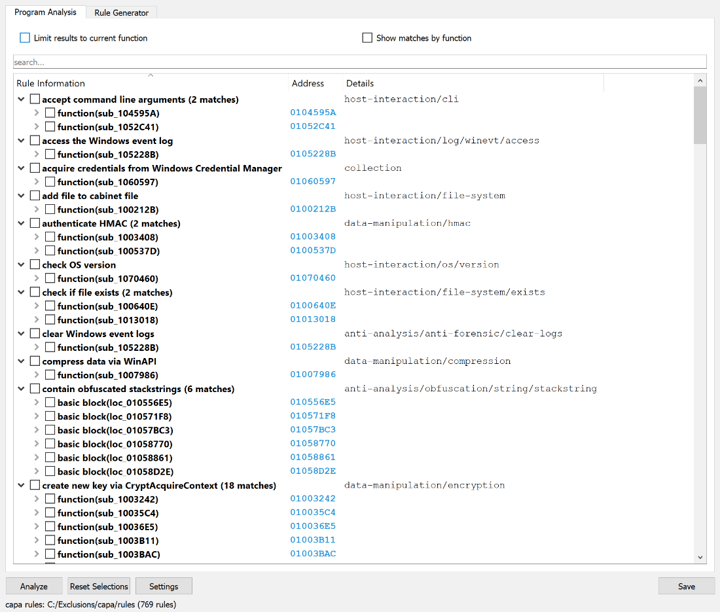 Figure 1: Program Analysis view showing capa matches and their locations