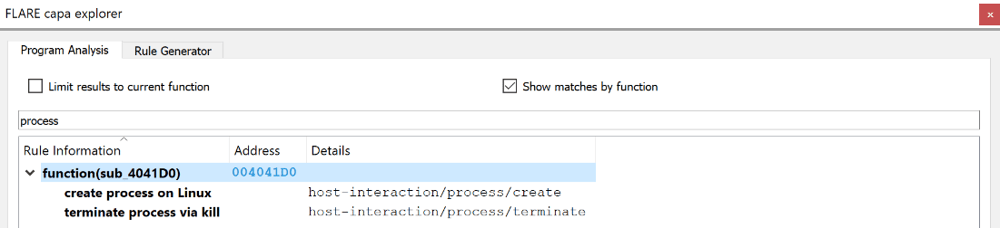 Figure 10: filtering capa results for 'process'