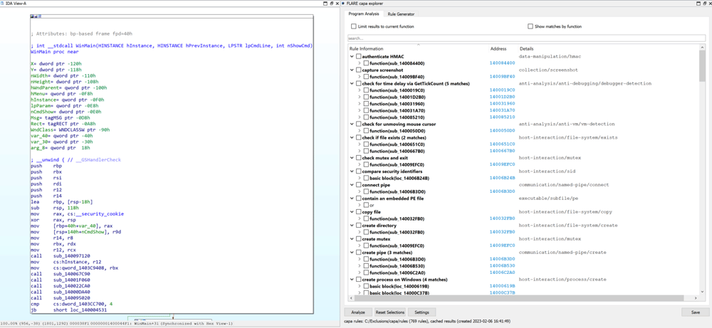 Figure 3: IDA's Disassembly view and capa explorer side by side