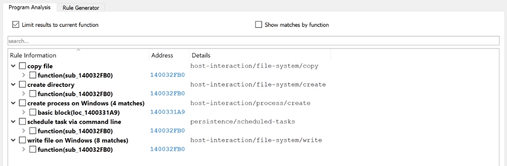 Figure 5: capa results for the function starting at virtual address
0x140032FB0