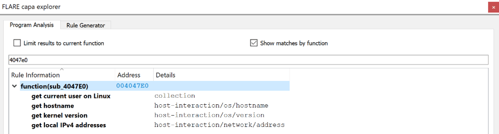 Figure 7: capa results indicate system information collection in the function located at 0x4047E0