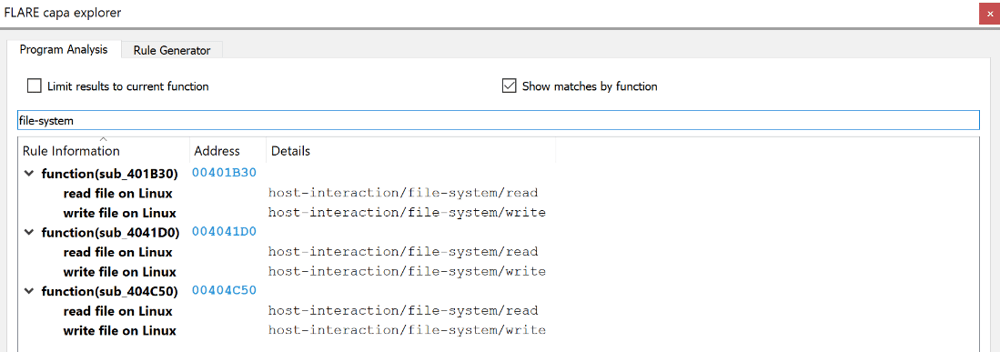 Figure 8: filtering capa results for 'file-system' to quickly extract host-based indicators