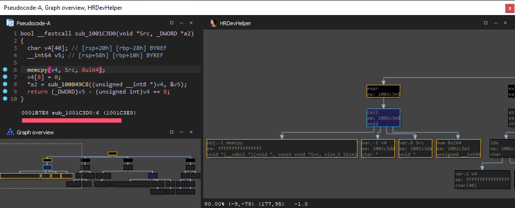 HRDevHelper establishes context between decompiled code and the graph by highlighting nodes