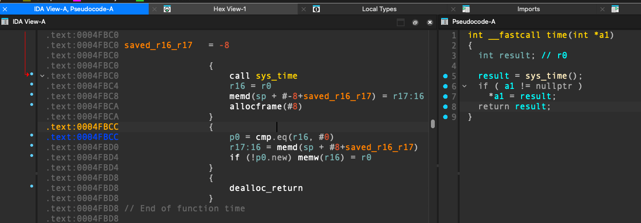 time() in the disassembly and the pseudocode, side by side