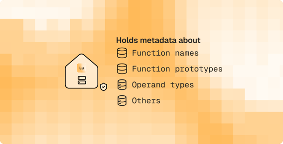 A Lumina server holds metadata about function names, function prototypes, operand types and others