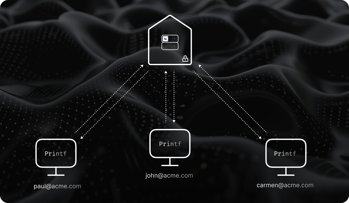 Diagram showing three computers labeled ‘Printf’ connecting to a server labeled ‘lu’ with arrows indicating data flow. The accompanying text describes how IDA Pro, IDA Home, or IDA Classroom users can share metadata via Lumina servers.