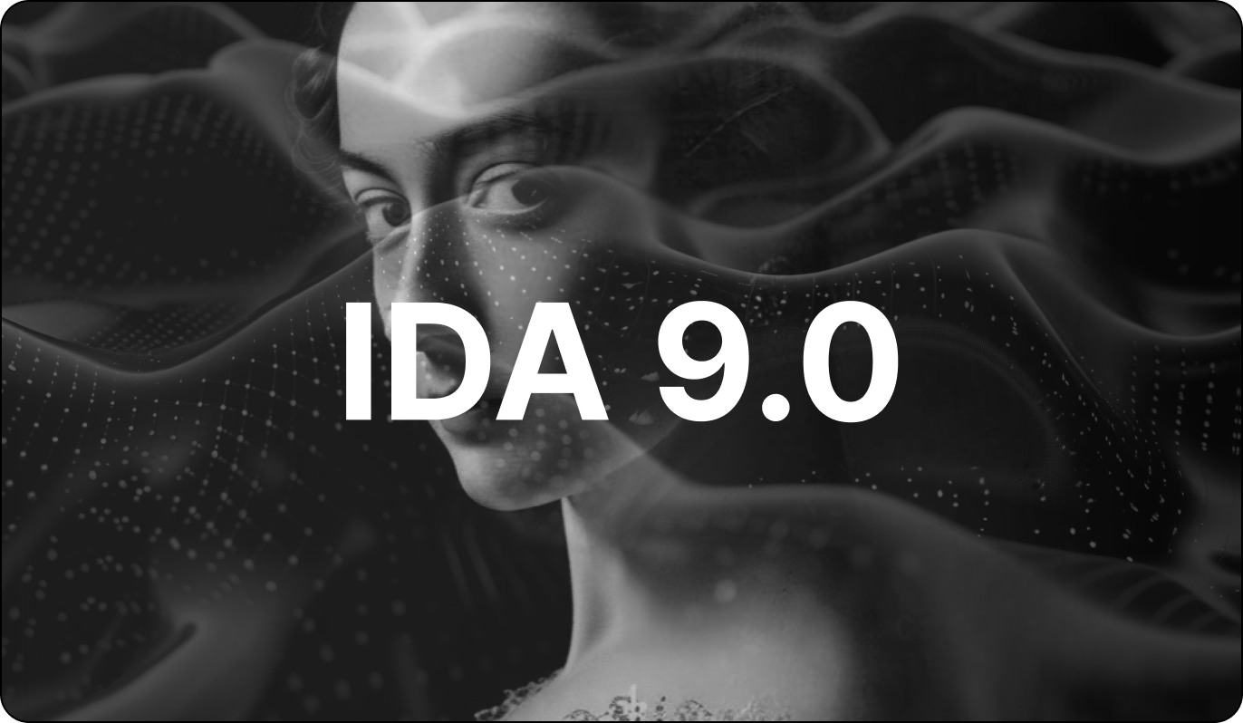 A black and white graphic with a partially obscured classical portrait of a woman’s face, overlaid with digital wave patterns and white text reading ‘IDA 9.0’ in bold, centered in the image.