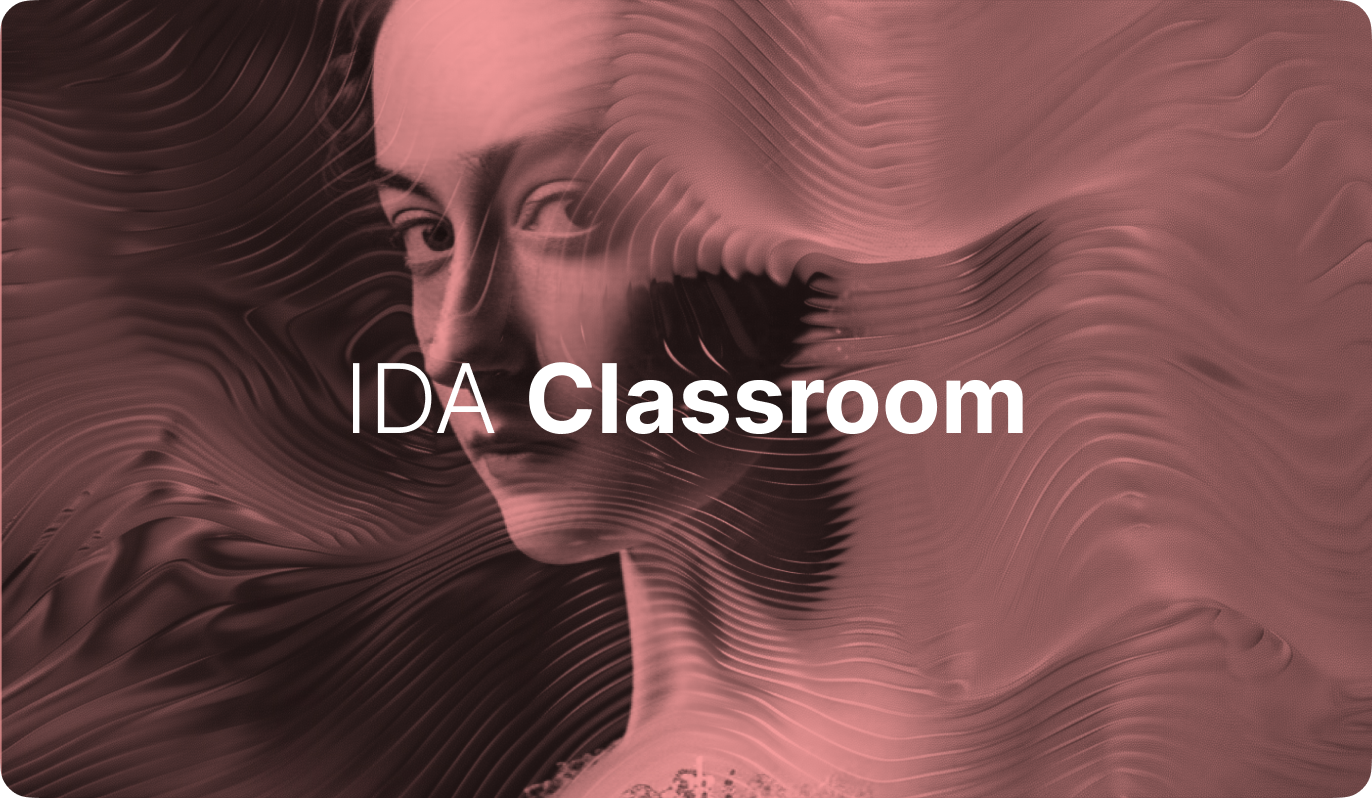 Abstract red and black wavy pattern with text ‘IDA Classroom’ in the center. The accompanying content promotes IDA Classroom, a tool for academic use in university classrooms, providing access to core IDA features for students and educators to teach reverse engineering.