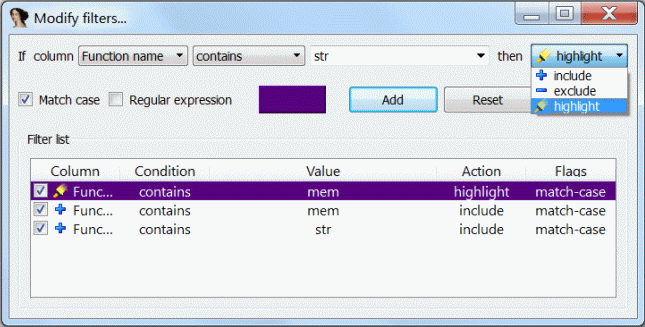 Modify filters dialog