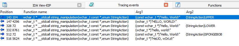 Screenshot of tracing events