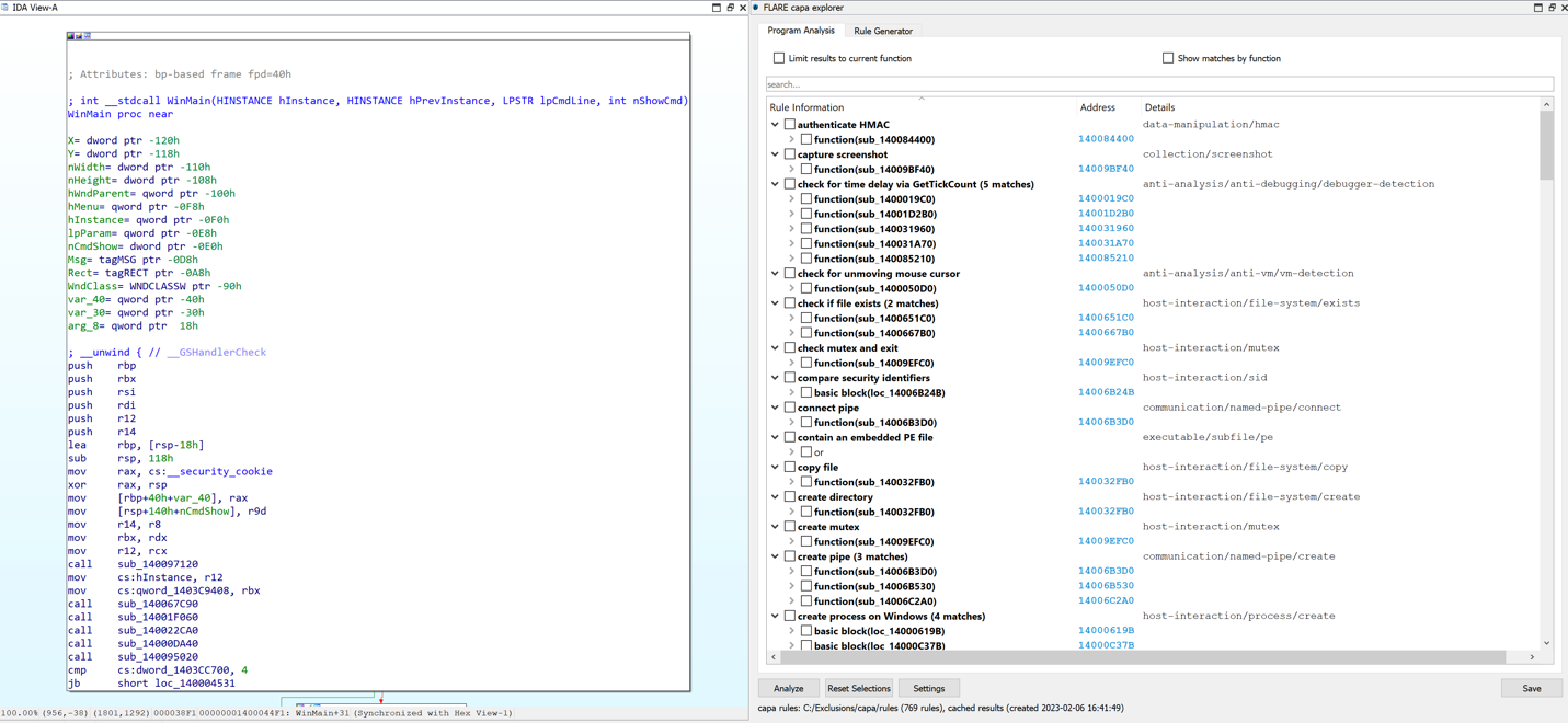 Figure 3: IDA's Disassembly view and capa explorer side by side