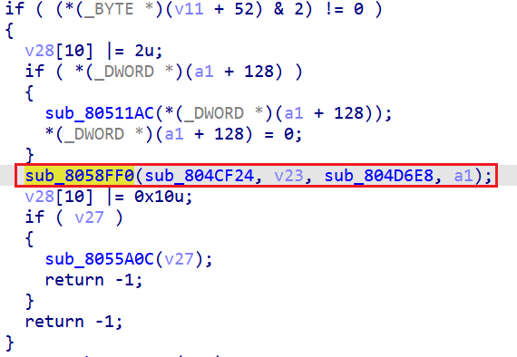 snippet of pseudocode with the call:
sub_8058FF0(sub_804CF24, v23, sub_804D6E8, a1);