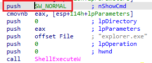 push    SW_NORMAL       ; nShowCmd         
cmovnb  eax, [esp+114h+lpParameters]       
push    0               ; lpDirectory      
push    eax             ; lpParameters     
push    offset File     ; "explorer.exe"   
push    0               ; lpOperation      
push    0               ; hwnd             
call    ShellExecuteW                      