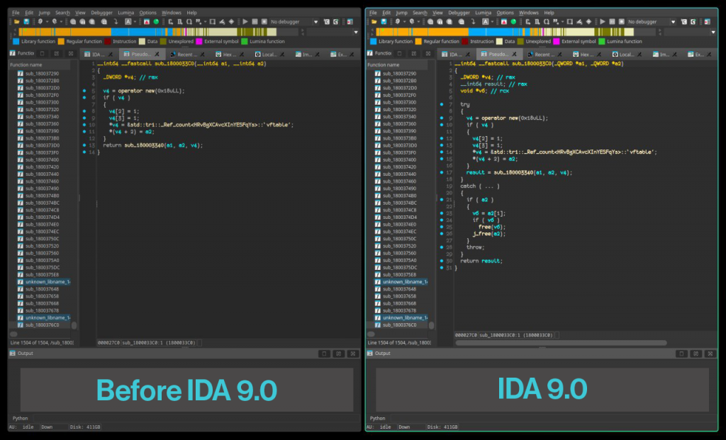 The difference between decompiling a function with and without the support of try/catch blocks